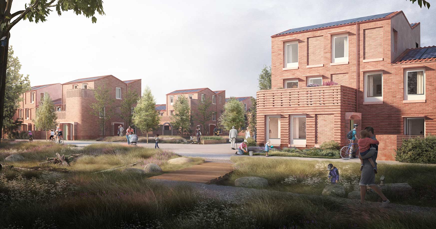 An artists rendering of the new Burnholme development. The scene shows a collection of new homes with people walking in front of them.
