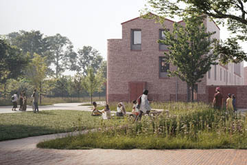 Burnholme Green external photo showing people walking along a footpath through a natural looking green space, and a Burnholme Green property in the background