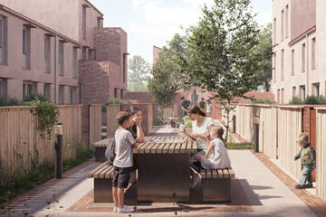 Burnholme Green external photo showing people at a seating area in a communal outdoor space, outside rows of properties