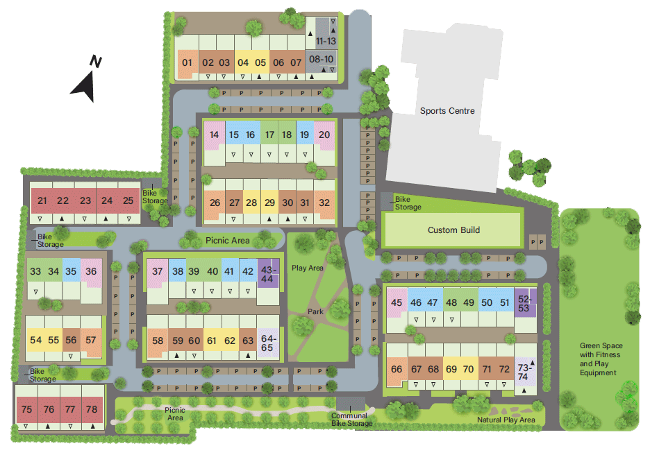 This plan shows the layout of the site and where each house type is located within the Burnholme Green development.