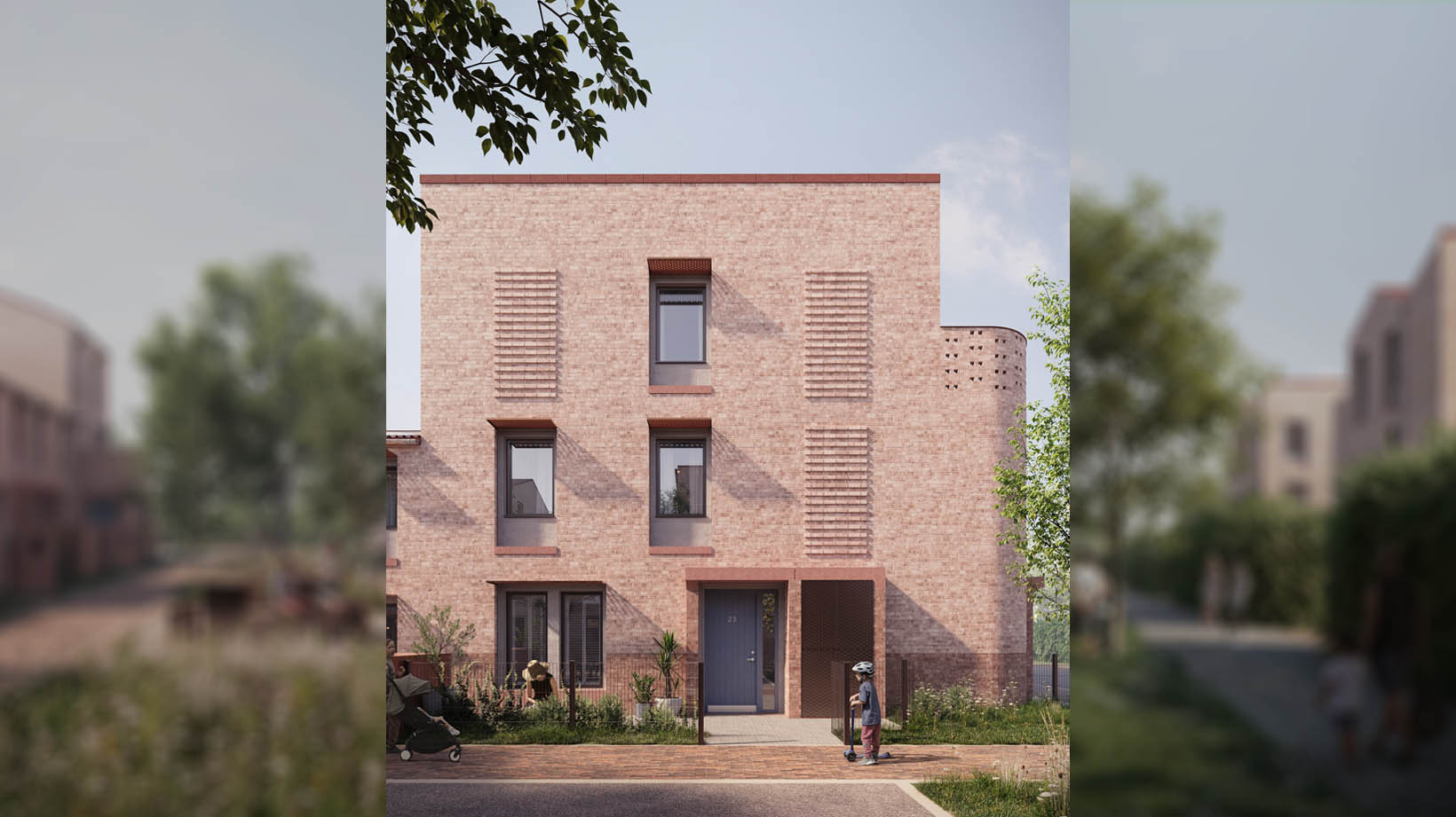 A row of modern houses, with contemporary minimalist designs, showcasing The Andromeda one bedroom apartment property type on the Burnholme Green development