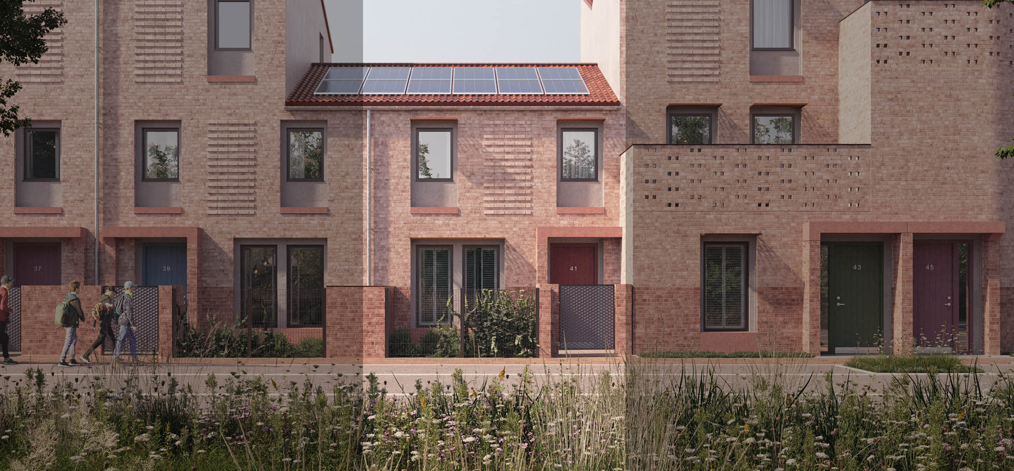 A row of modern terraced houses, with contemporary minimalist designs, showcasing The Aquila property type on the Burnholme Green development