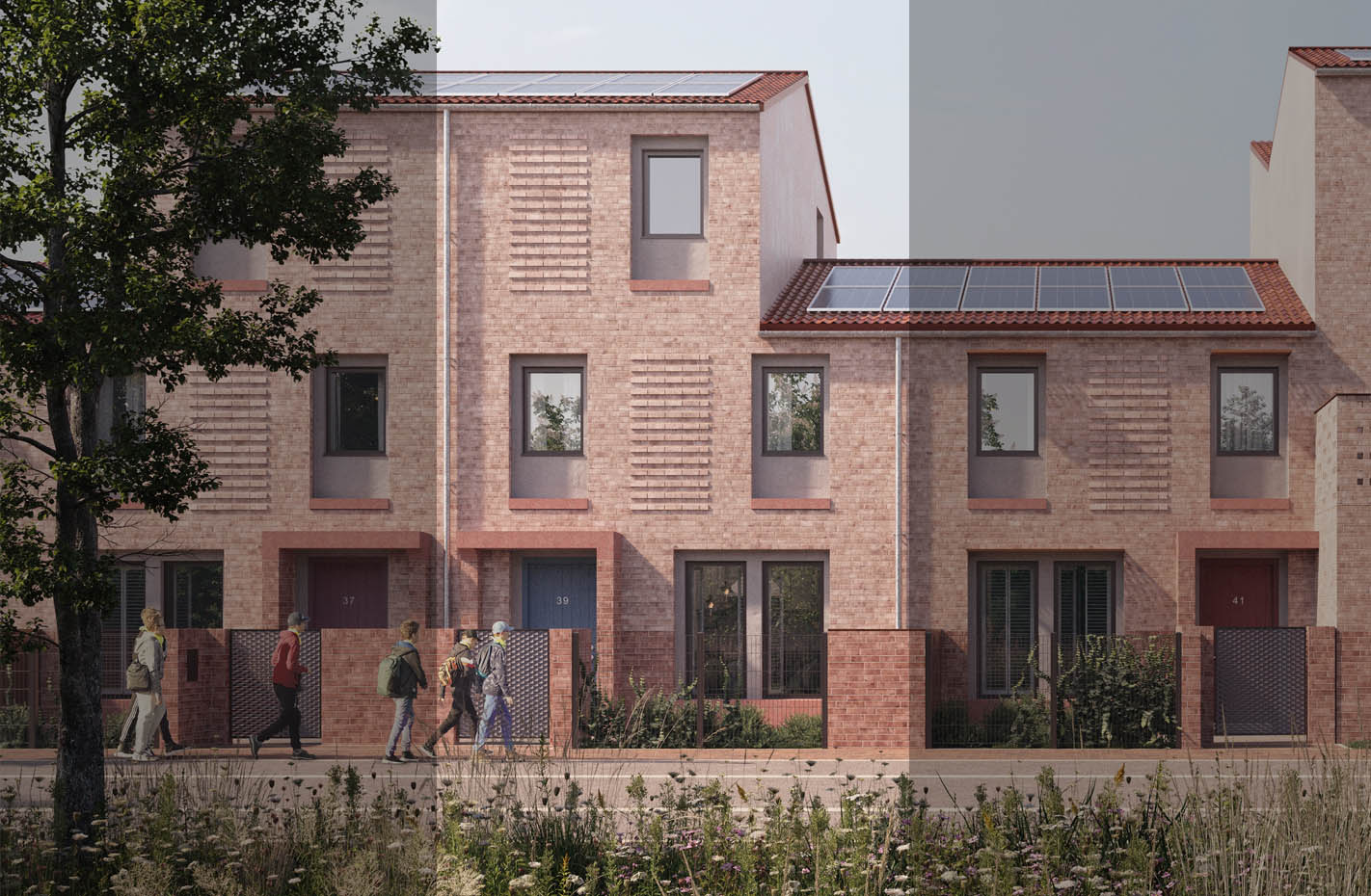 A row of modern terraced houses, with contemporary minimalist designs, showcasing The Oberon property type, a three storey house on the Burnholme Green development