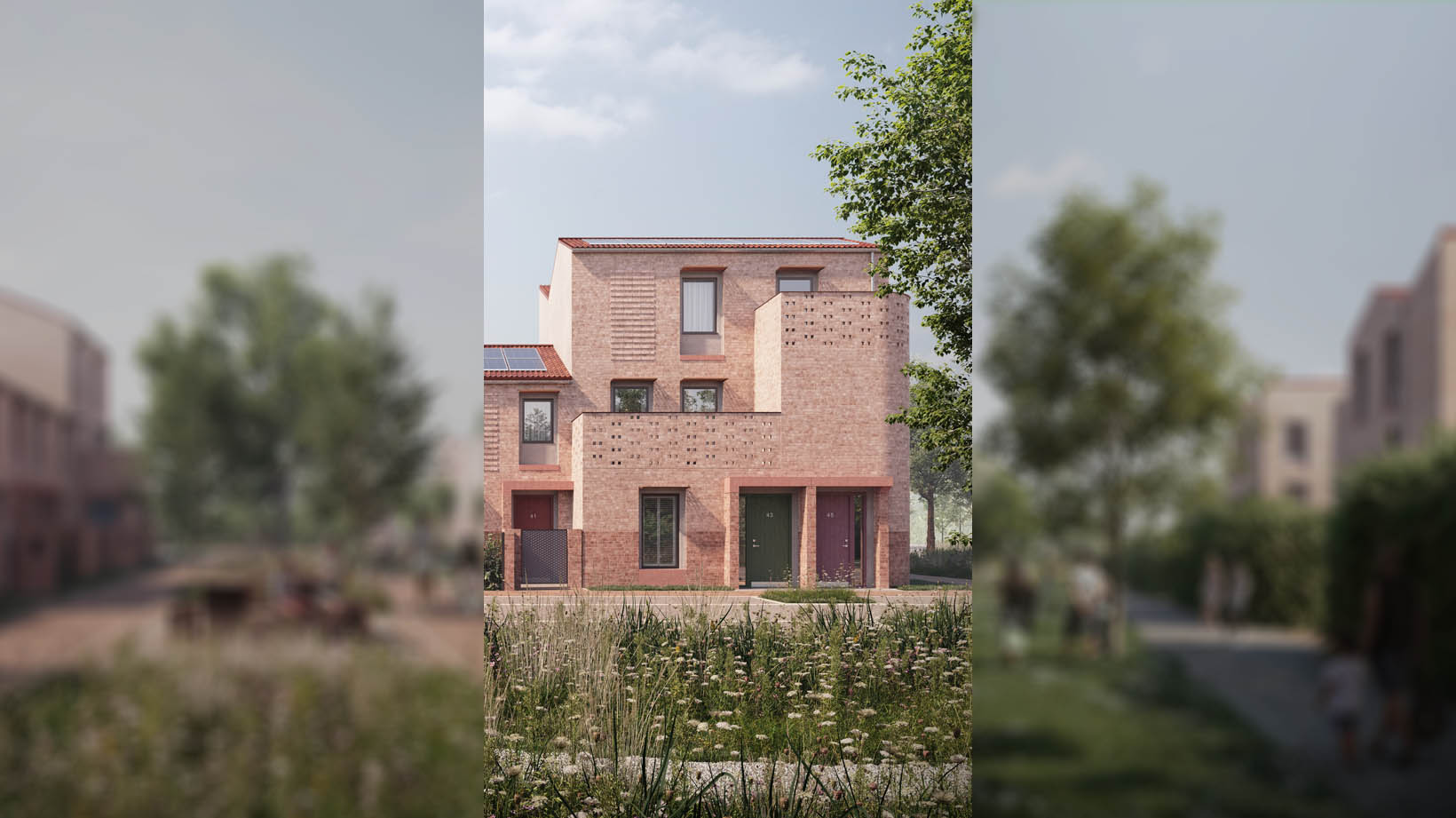 A row of modern terraced houses, with contemporary minimalist designs, showcasing The Orion property type, a multi-generational house on the Burnholme Green development