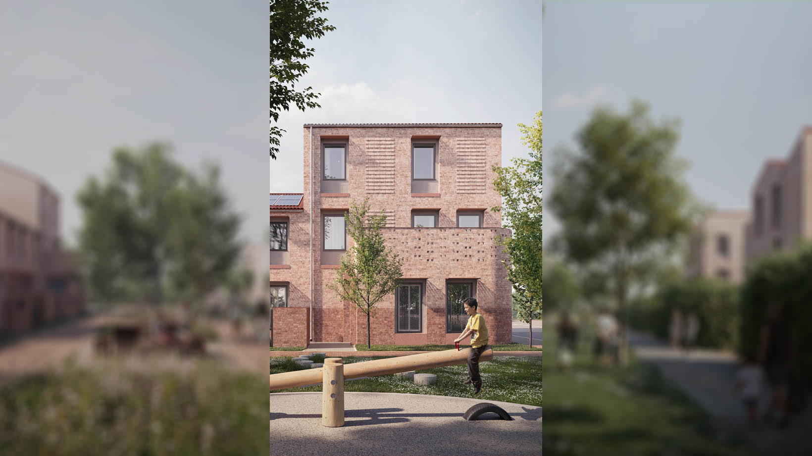 A row of modern terraced houses, with contemporary minimalist designs, showcasing The Perseus property type, a 3 storey, 4 bedroom house on the Burnholme Green development