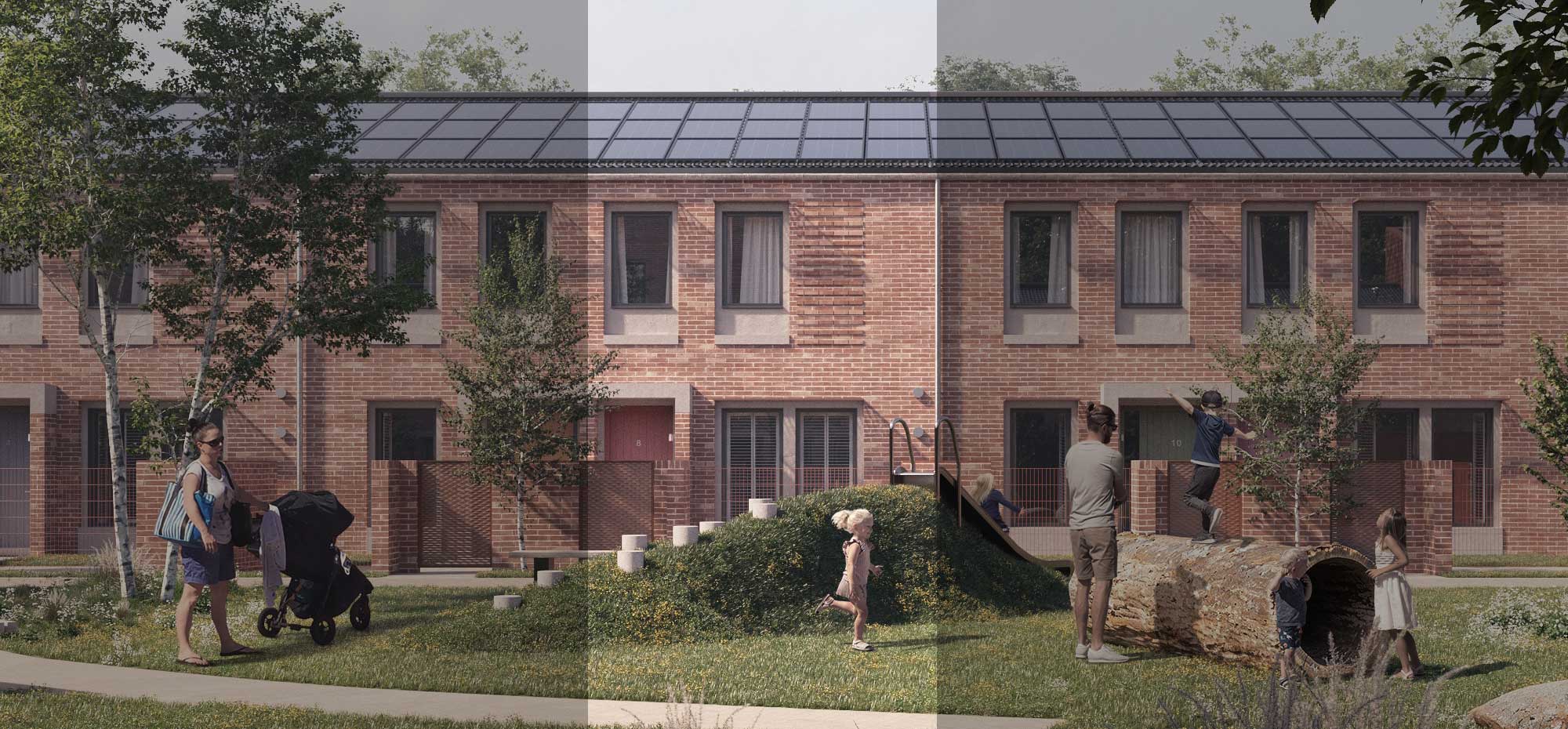 A row of modern two-story brick townhouses with large rectangular windows and a minimalist design. Each house has a distinctively coloured front door, one green and another purple