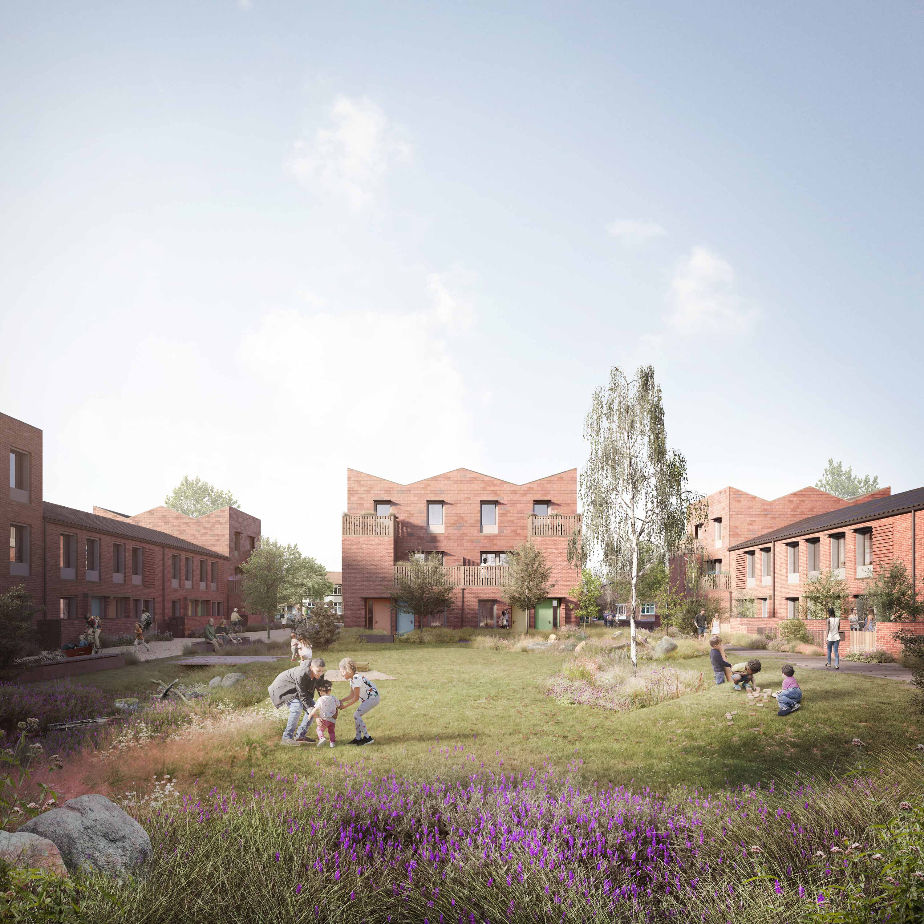Front view of a modern three-storey red brick terraced Passivhaus with large rectangular windows, some featuring shutters on the ground floor. Children are playing on grass in front of the properties.