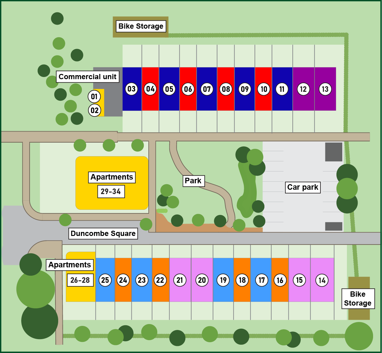 This plan shows the layout of the site and where each house type is located.