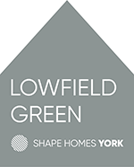 A grey box with the words Lowfield Green printed on it in white. The Shape Homes York logo sits underneath.