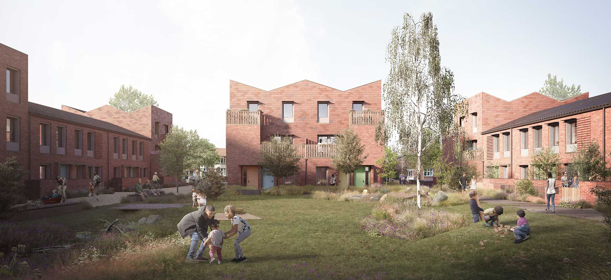 A computer render shows the new properties surrounding a green recreation area. Parents and children play happily on the grass.