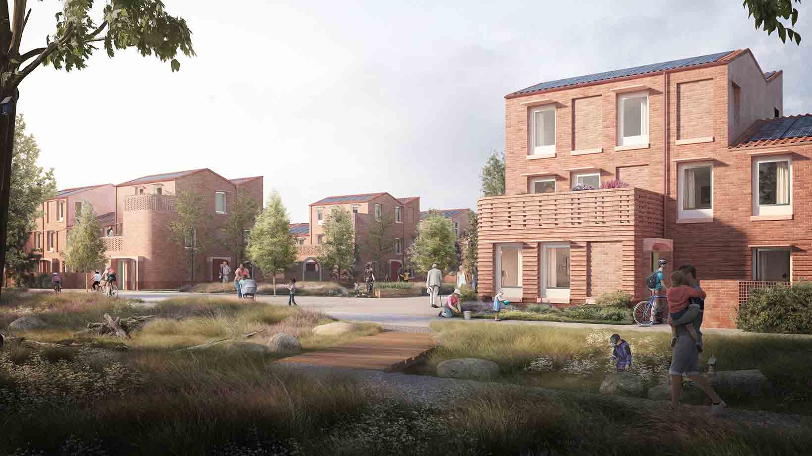 An artists rendering of the new Burnholme development that is coming soon. The scene shows a collection of new homes with people walking in front of them.