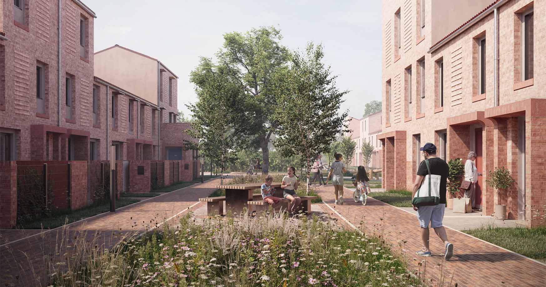 An artists rendering of the Burnholme development. The scene shows a collection of homes with people walking in front of them, using the communal spaces, paths and seating.