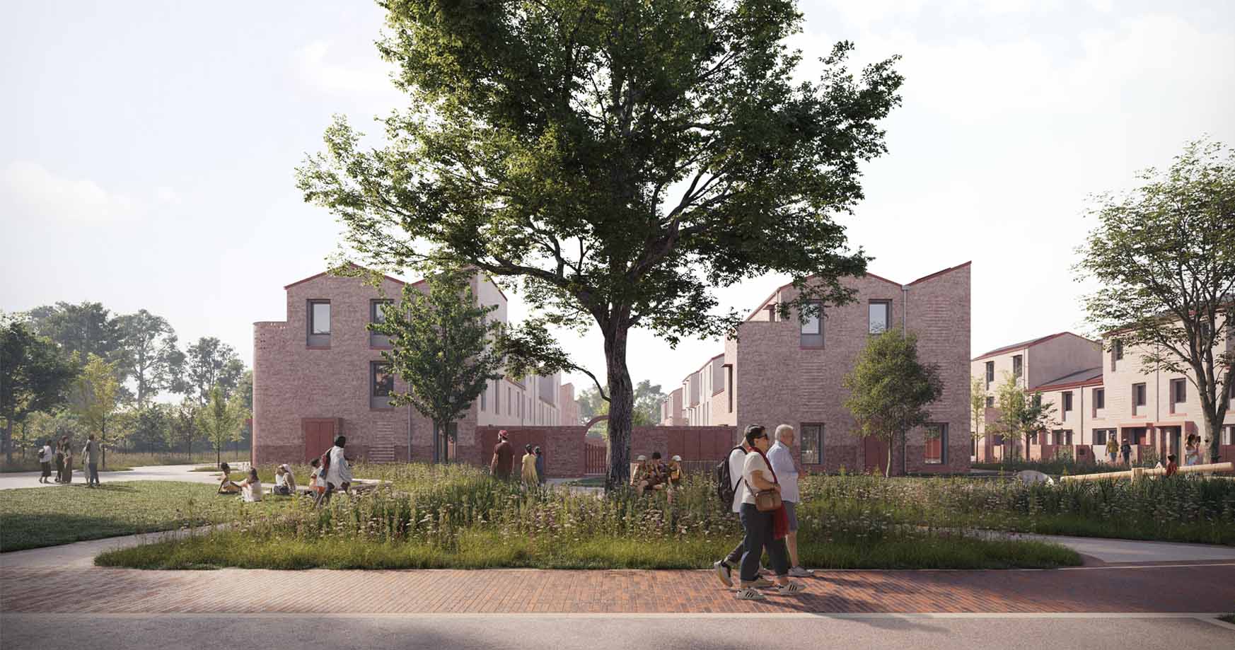 An artists rendering of the Burnholme Green development. The scene shows rows of houses in the background, with a green space and people walking the paths in the foreground.