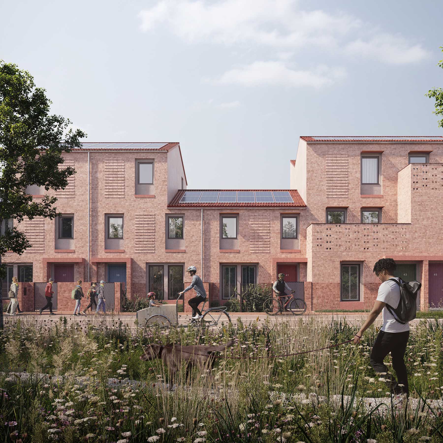 An artists rendering of the Burnholme Green development. The scene shows a row of different style houses, in the foreground is a green space with paths winding through and people walking and cycling.