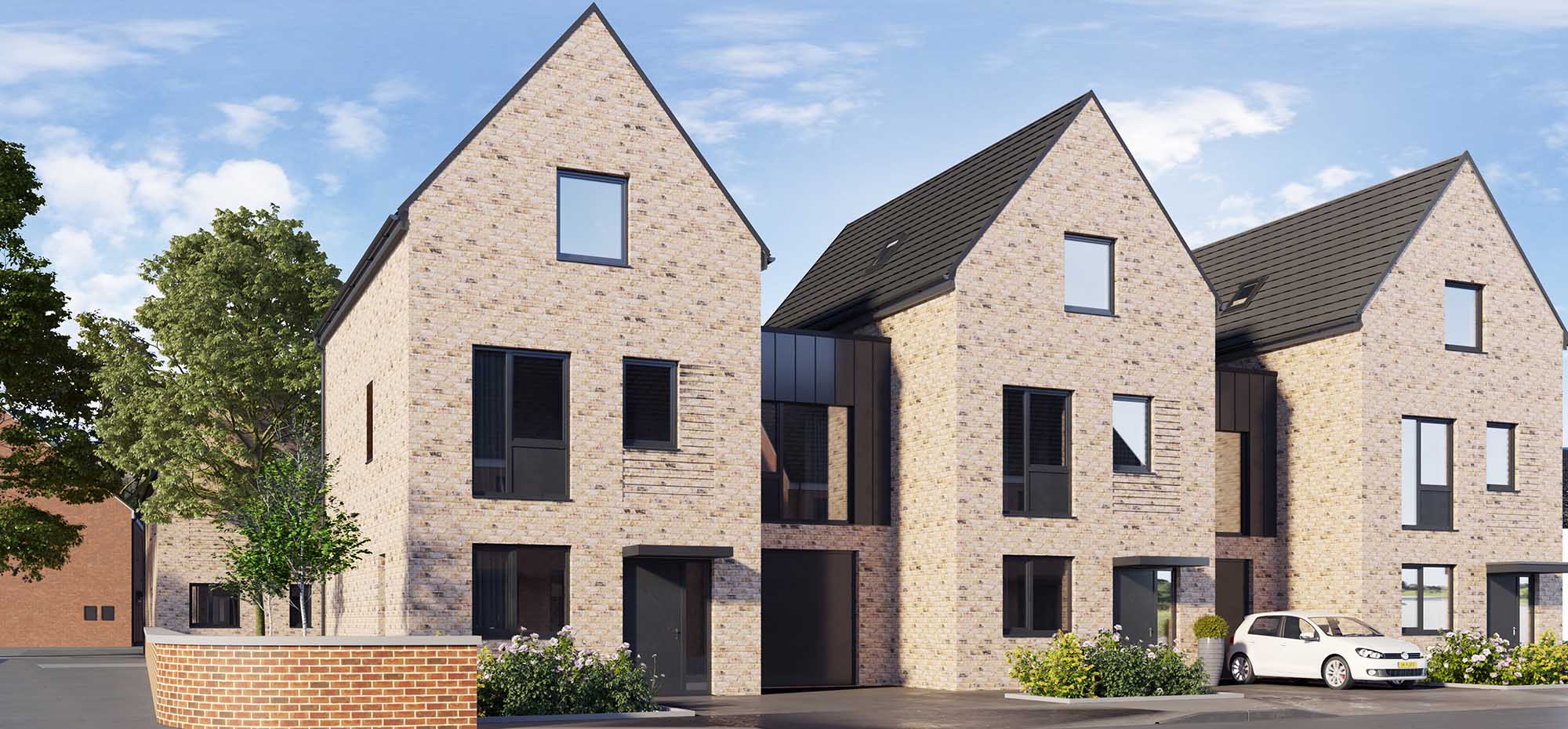 This image shows an external view of the Cowberry four bedroom, end-townhouse from Shape Homes York.